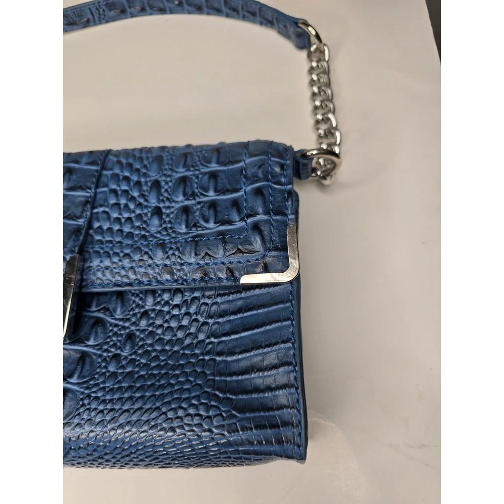 Mark Fisher Women's Purse Handbag Blue Croc Print Faux Chain Clutch Gold Snap